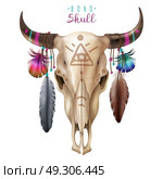 Boho Cow Skull . Realistic cow skull in boho style with masonic symbol painted horns and feathers on white background vector illustration. Стоковая иллюстрация, агентство Ingram Publishing / Фотобанк Лори