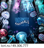 Underwater Animals Frame Background. Light and bright underwater animals frame background squid jellyfish and other inhabitants vector illustration. Стоковая иллюстрация, агентство Ingram Publishing / Фотобанк Лори