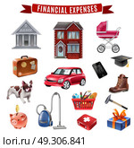 Family Expenses Flat Icons Collection . Average family household expenses flat icons collection with housing transportation food clothing and education isolated vector illustration  . Стоковая иллюстрация, агентство Ingram Publishing / Фотобанк Лори