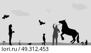 People Walk on, Connie, Birds Fly in Nature. Vector Illustration.. People Walk on, Connie, Birds Fly in Nature. Vector Illustration. Стоковая иллюстрация, агентство Ingram Publishing / Фотобанк Лори