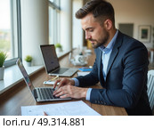 Businessman calculates investment income, financial business investments analyze risks, research companies, consult experts, plan wisely for financial goals. insurance companies. Стоковое AI-изображение, AI-художник Sergey Grishin / Фотобанк Лори