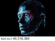 A mans face is illuminated in a dark background, showcasing his features in contrast to the dim surroundings. Стоковое AI-изображение, AI-художник Данила Большаков / Фотобанк Лори