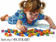 A young girl happily playing with vibrant letters in a painting. Стоковое AI-изображение, AI-художник Данила Большаков / Фотобанк Лори