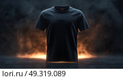 Black t-shirt mockup on dark smoke background, front view. Макет черной футболки на темном дымном фоне, вид спереди. Стоковое AI-изображение, AI-художник Katsiaryna Repich / Фотобанк Лори