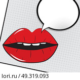 Open Red Lips with Speech Bubble Pop Art Background On Dot Background Vector Illustration EPS10. Open Red Lips with Speech Bubble Pop Art Background On Dot Backg. Стоковая иллюстрация, агентство Ingram Publishing / Фотобанк Лори
