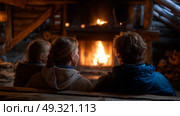 Family huddled near fireplace in permafrost cabin, cold visible outside. Life in permafrost conditions, climate change problems on the planet. Global warming. Стоковое AI-изображение, AI-художник ALLA YURTAYEVA / Фотобанк Лори