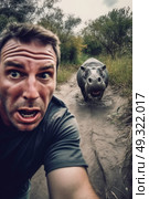 A man stands in front of a hippopotamus with a camera, capturing a photo of the animal in its enclosure. Стоковое AI-изображение, AI-художник Данила Большаков / Фотобанк Лори