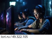 A team of focused gamers participates in a competitive event, wearing headphones and facing glowing screens. Стоковое AI-изображение, AI-художник Данила Большаков / Фотобанк Лори