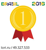 Gold medal with inscription in Portuguese and interpret flag of Brazil. Vector Illustration. EPS10. Gold medal with inscription in Portuguese and interpret flag of . Стоковая иллюстрация, агентство Ingram Publishing / Фотобанк Лори