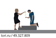 A good woman delivers a disabled beggar for food. Vector Illustration. EPS10. Good woman delivers disabled beggar for food. Vector Illustr. Стоковая иллюстрация, агентство Ingram Publishing / Фотобанк Лори