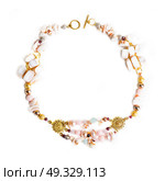 gold necklace with pearls and pink quartz and earringsat white background. Стоковое фото, агентство Ingram Publishing / Фотобанк Лори