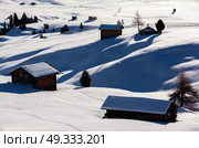 Winter sunrise over Alpe di Siusi Dolomites, Italy. long shadows at morning in winter on Alpe di Siusi, Dolomites, Italy. Стоковое фото, агентство Ingram Publishing / Фотобанк Лори