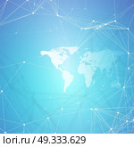 Abstract futuristic background with connecting lines and dots, polygonal linear texture. World map on blue. Global network connections, geometric design, technology digital concept.. Abstract futuristic background with connecting lines and dots, polygonal linear texture. World map on blue. Global network connections, geometric design, technology digital concept. Стоковая иллюстрация, агентство Ingram Publishing / Фотобанк Лори