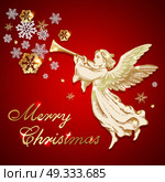Golden vintage Christmas angel blows into the trumpet on a red background. Vector greeting card. Merry Christmas lettering. Стоковая иллюстрация, агентство Ingram Publishing / Фотобанк Лори