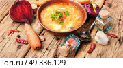 Ukrainian national borshch. Food of national Ukrainian cuisine. Borscht with meat and vegetables. Стоковое фото, агентство Ingram Publishing / Фотобанк Лори
