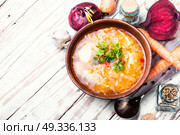 Ukrainian national borshch. Food of national Ukrainian cuisine. Borscht with meat and vegetables. Стоковое фото, агентство Ingram Publishing / Фотобанк Лори