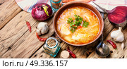 Ukrainian national food-borshch. Homemade food of national Ukrainian cuisine. Borscht with meat and vegetables. Стоковое фото, агентство Ingram Publishing / Фотобанк Лори