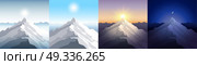 Nature mountain set. A midday sun, dawn, sunset, night in the mountains. Landscapes with peak. Mountaineering, traveling, outdoor recreation concept. Abstract vector backgrounds for web, prints etc.. Nature mountain set. A midday sun, dawn, sunset, night in the mountains. Landscapes with peak. Mountaineering, traveling, outdoor recreation concept. Abstract vector backgrounds for web, prints etc. Стоковая иллюстрация, агентство Ingram Publishing / Фотобанк Лори
