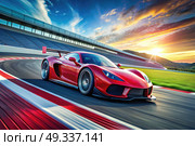 Red Sports Car Racing on Track. Generative AI. Стоковое AI-изображение, AI-художник Roman Zavorotny / Фотобанк Лори