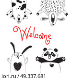 Welcome Card with Funny Animals Pig Sheep Panda Rabbit.. Welcome Card with Funny Animals Pig Sheep Panda Rabbit. Vector illustration. Стоковая иллюстрация, агентство Ingram Publishing / Фотобанк Лори
