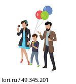 Family Weekend With Baby Concept. Childrens holiday with parents vector illustration. City entertainment with child concept. Child birthday walk. Man, woman and child eating ice-cream. Isolated on white background. Стоковая иллюстрация, агентство Ingram Publishing / Фотобанк Лори