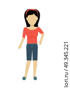 Woman Character Template Vector Illustration.. Female character without face in red blouse and shorts vector in flat design. Woman template personage illustration for summer concepts, fashion app, logos, infographic. Isolated on white background. Стоковая иллюстрация, агентство Ingram Publishing / Фотобанк Лори