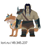 Cartoon Monster Orc Warrior with Wolf. Game Object. Cartoon monster orc with wolf. Orc warrior. Stylized fantasy character. War concept. For computer games, mobile appliances. Part of series of game objects in flat design. Vector illustration. Стоковая иллюстрация, агентство Ingram Publishing / Фотобанк Лори