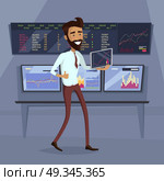 Business Progress Success Concept Illustration.. Business success illustration. Flat Design. Growth of value indexes. Good day on the stock exchange concept. Happy smiling man with tablet enjoying his success. Modern online trading technology. Стоковая иллюстрация, агентство Ingram Publishing / Фотобанк Лори