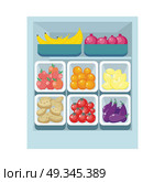 Grocery Store Assortment. Healthy Nutrition.. Bananas pomegranates tomatoes oranges lemons potatoes apples and eggfruits in trays isolated. Grocery store assortment, healthy nutrition. Part of series of fruits and vegetables in flat style. Vector. Стоковая иллюстрация, агентство Ingram Publishing / Фотобанк Лори