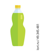 Glass or plastic bottle with beverage. Vector in flat style design. Sweet summer drinks concept. Illustration for icons, labels, prints, logo, menu design, infographics. Isolated on white background.. Glass or Plastic Bottle with Sweet Green Beverage. Стоковая иллюстрация, агентство Ingram Publishing / Фотобанк Лори