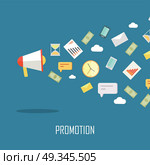 Creative Office Background. Creative office background. Promotion banner. Success business concept with megaphone with devices for communication in flat on blue background. Vector illustration. Стоковая иллюстрация, агентство Ingram Publishing / Фотобанк Лори