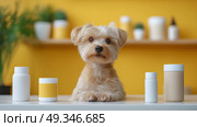 Adorable Yorkshire Terrier with Pet Supplement Bottles in Bright Modern Setting. Очаровательный йоркширский терьер с бутылочками с добавками для животных в яркой современной обстановке. Стоковое AI-изображение, AI-художник Katsiaryna Repich / Фотобанк Лори