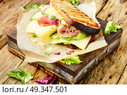 Sandwiches on cutting board. Sandwiches with beef, fresh vegetables and herbs on the cutting board. Стоковое фото, агентство Ingram Publishing / Фотобанк Лори