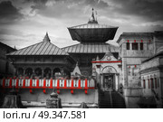 Freely walk monkey. Votive temples and shrines in a row at Pashupatinath Temple, Kathmandu, Nepal. black and white photography. Pashupatinath Temple. Стоковое фото, агентство Ingram Publishing / Фотобанк Лори