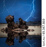 strong thunderstorm and powerful flashes of lightning against the background of the mountains.. Lightning in the mountains. Стоковое фото, агентство Ingram Publishing / Фотобанк Лори