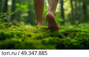 Walking barefoot on lush green moss in a tranquil forest setting. Прогулка босиком по пышному зеленому мху в безмятежном лесу. Стоковое AI-изображение, AI-художник Katsiaryna Repich / Фотобанк Лори