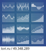 Graphics on Coordinate System with Grid Collection. Graphics with smooth waves and broken lines on coordinate system with grid isolated vector illustrations collection on blue background. Стоковая иллюстрация, агентство Ingram Publishing / Фотобанк Лори