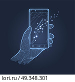 Hand Smartphone Dark Theme Vector Illustration. Hand holding smartphone with lights reflecting on screen. Vector illustration of icon with devise isolated on dark blue background. Стоковая иллюстрация, агентство Ingram Publishing / Фотобанк Лори