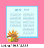 Beer Taste Poster with Barrels, Food and Drink. Beer taste poster with pink background. Vector illustration of wooden casks, fried sausage on carving knife, mug, green hop and ears of wheat. Стоковая иллюстрация, агентство Ingram Publishing / Фотобанк Лори