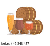 Three Beer Barrels Degustation Vector Illustation. Vector illustration of three beer barrels and glasses of alcohol drinks different types for degustation at october festival on white background. Стоковая иллюстрация, агентство Ingram Publishing / Фотобанк Лори