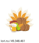 Octoberfest Poster with Wooden Background and Text. Isolated vector illustration of wooden casks, beer mug, fried sausage, green hop and wheat ear on white background, Oktoberfest or Octoberfest. Стоковая иллюстрация, агентство Ingram Publishing / Фотобанк Лори