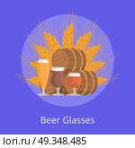 Beer Glasses Degustation Vector Illustration Blue. Beer glasses degustation vector illustration on blue background. Wooden barrels and three beers, draught pale and dark on ears of wheat in circle. Стоковая иллюстрация, агентство Ingram Publishing / Фотобанк Лори