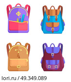 Set of Colorful Rucksacks for Girls or Boys Vector. Vector illustration of rucksacks for children isolated on white. Colorful schoolbags in flat style design, icons of backpacks stylish models. Стоковая иллюстрация, агентство Ingram Publishing / Фотобанк Лори
