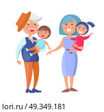 Mature Couple Holding Children Grandpa and Grandma. Mature couple holding children on hand, grandpa in hat and grandma with kids vector illustration isolated on white background. Стоковая иллюстрация, агентство Ingram Publishing / Фотобанк Лори