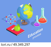 Educational Process Collection Scientific Objects. Educational process collection of scientific objects isolated vector illustration . Cartoon style laboratory flasks, geographical globe and molecule model. Стоковая иллюстрация, агентство Ingram Publishing / Фотобанк Лори