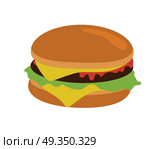 Gamburger Isolated. Hamburger with Meat. Junk Food. Gamburger banner. Hamburger with meat lettuce cheese onion and tomato. Junk food. Consumption of high calories nourishment fast food. Part of series of promotion healthy diet and good fit. Vector. Стоковая иллюстрация, агентство Ingram Publishing / Фотобанк Лори