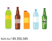 Beverages Banner. Set of Drinks in Bottles. Beverages isolated white. Set of drinks in bottles and packs. Healthy and junk drinks. Alcoholic and nonalcoholic beverages. Part of series of promotion healthy diet and good fit. Vector illustration. Стоковая иллюстрация, агентство Ingram Publishing / Фотобанк Лори