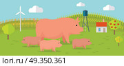 Pigs on Farmyard Concept Illustration.. Farmyard vector illustration. Flat design. Pig with piglets standing against the farm landscape, fields on background. Organic farming concept. Traditional agriculture. Modern ecological farm. Стоковая иллюстрация, агентство Ingram Publishing / Фотобанк Лори