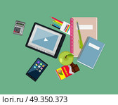 Education Items Tablet Apple Notebook and Pen. Items tablet apple notebook pen. Education icon, education concept, school education, training study, tablet and crayons, calculator and notebook, apple chocolate,  education university illustration. Стоковая иллюстрация, агентство Ingram Publishing / Фотобанк Лори