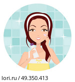 Girl Clean her Face with Lotion and Sponge. Cleansing. Girl clean her face with lotion. Cleaning with help of sponge. Woman instruction how to make up correctly. Girl cares about her look. Part of series of face care. Vector illustration. Стоковая иллюстрация, агентство Ingram Publishing / Фотобанк Лори